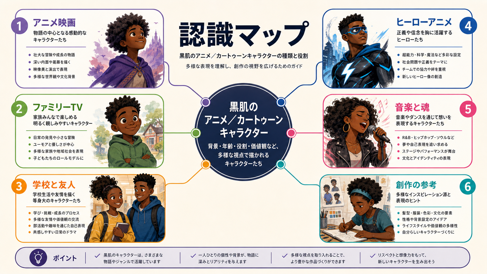 映画、ファミリーTV、学校と友人、ヒーロー、音楽、創作参考で分類した認識マップ。