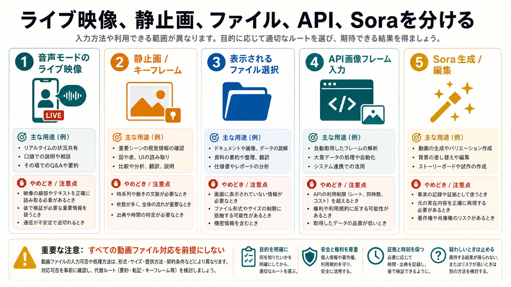 ライブ映像、静止画、ファイル選択、API フレーム、Sora の境界