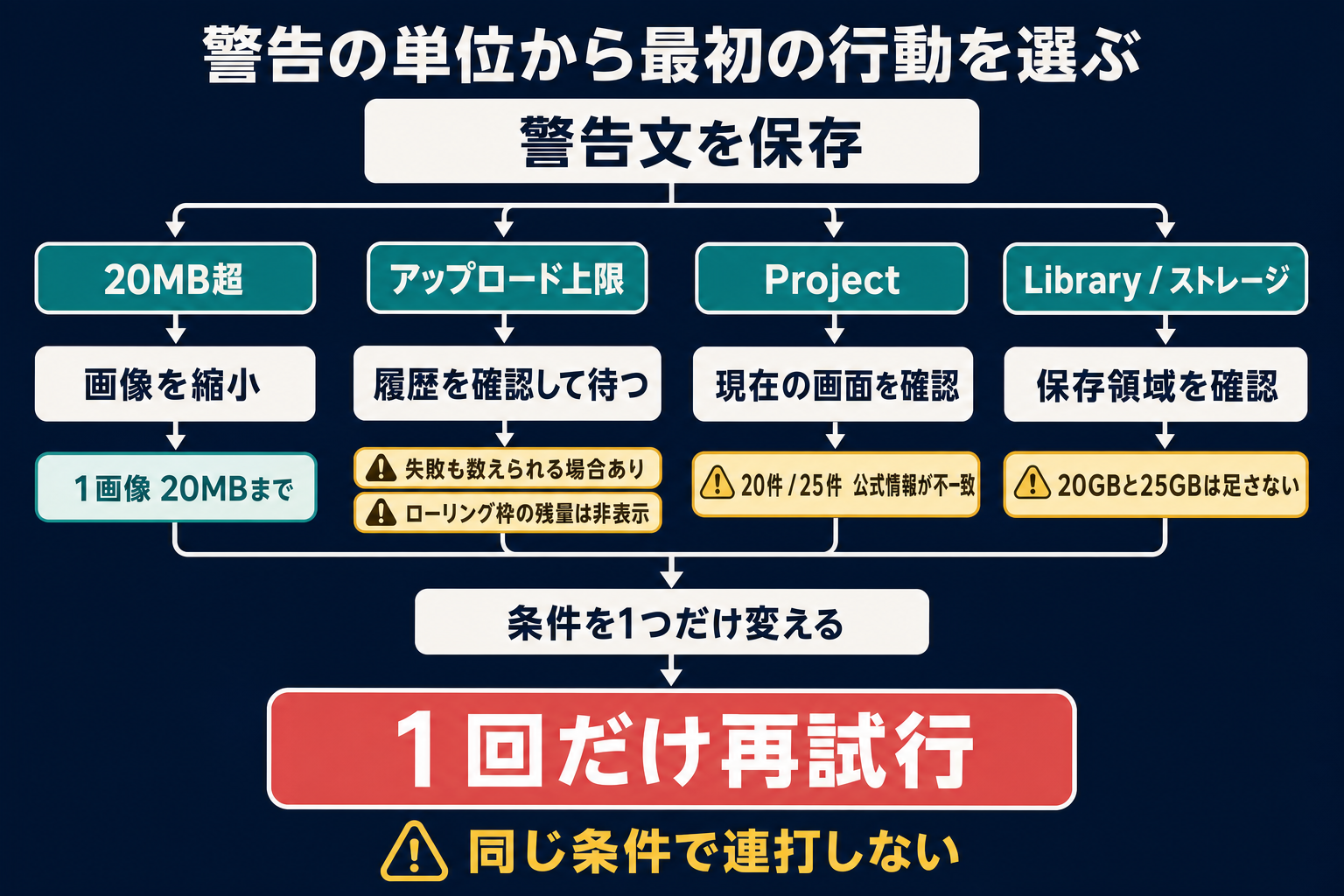 画像アップロードの警告文から、縮小・待機・Project確認・Library整理へ分岐する診断フロー