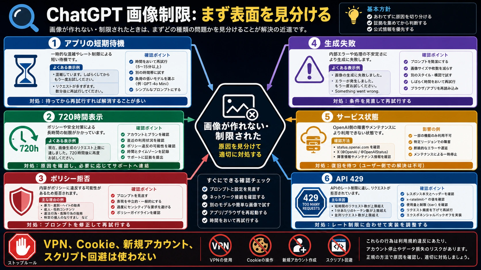 ChatGPT 画像生成の制限に達したときの対処法:Free、Plus、Pro、API を分けて確認