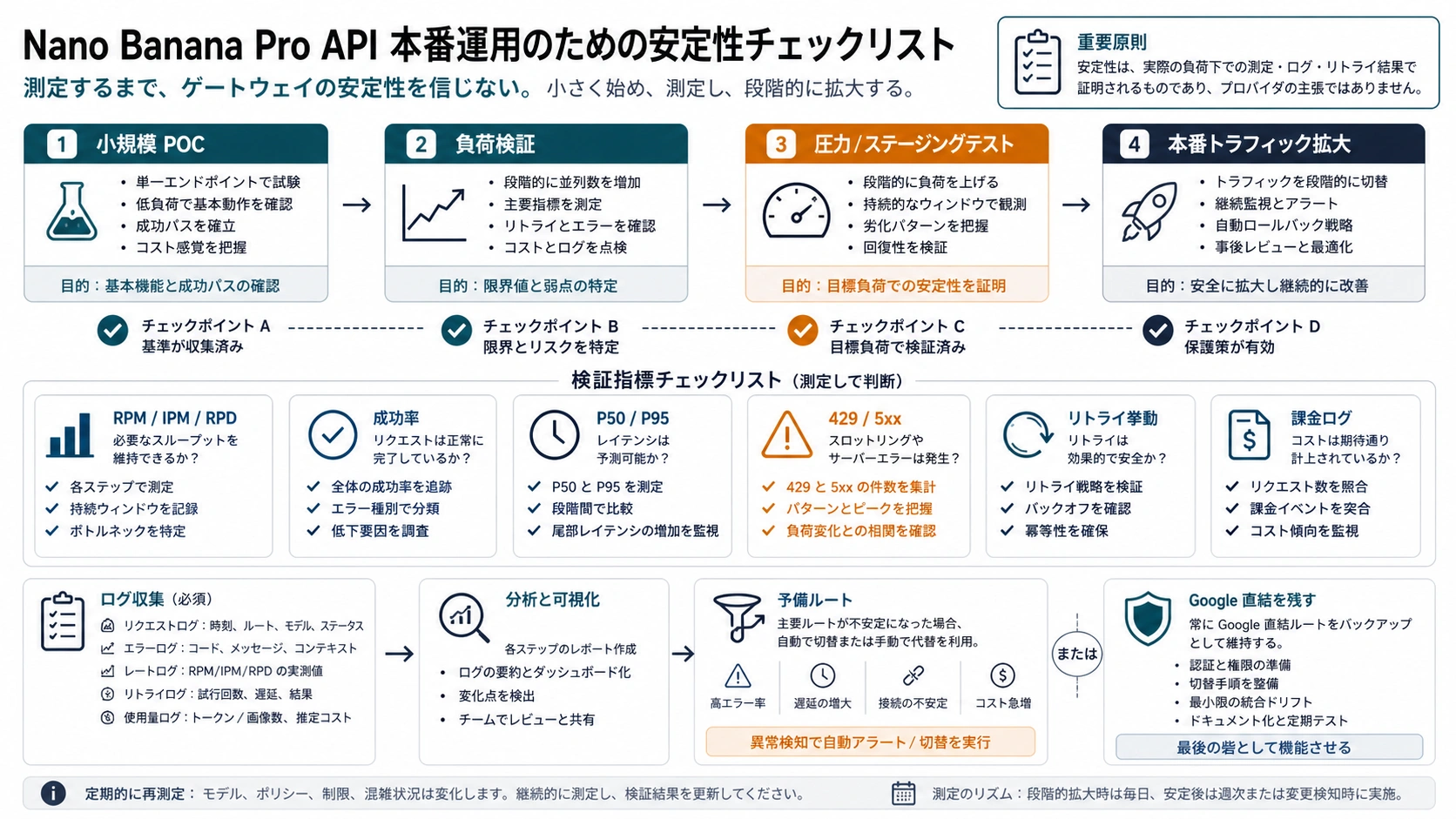 Nano Banana Pro APIの安定性検証ボード:割り当て、ログ、成功率、P50、P95、再試行コスト、予備ルート