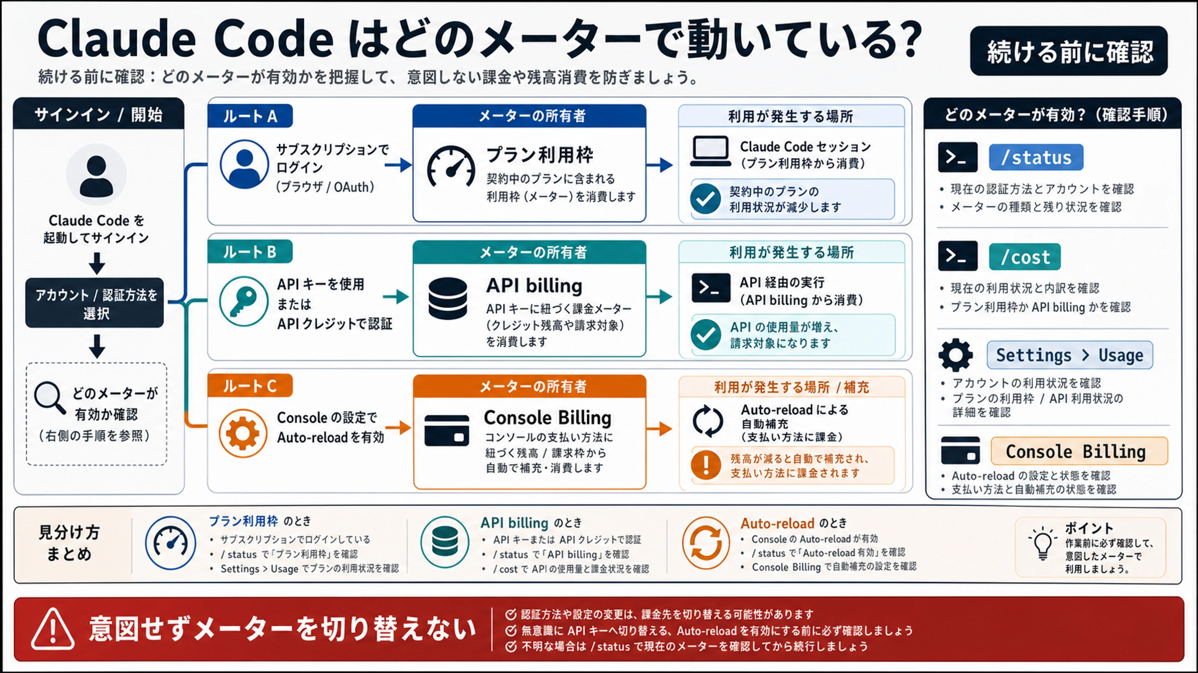 Claude Code のメーター診断図。/status、/cost、Settings Usage、Console Billing、auto-reload を示す