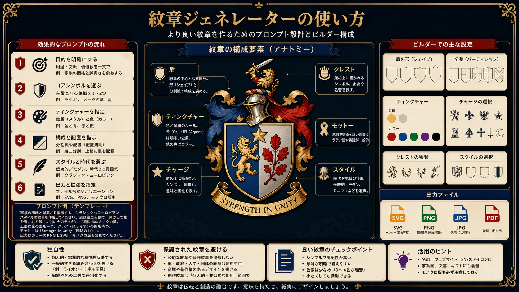 紋章プロンプトと制作メモの構造。盾、色、charge、crest、標語、独自性、ファイル確認を示す