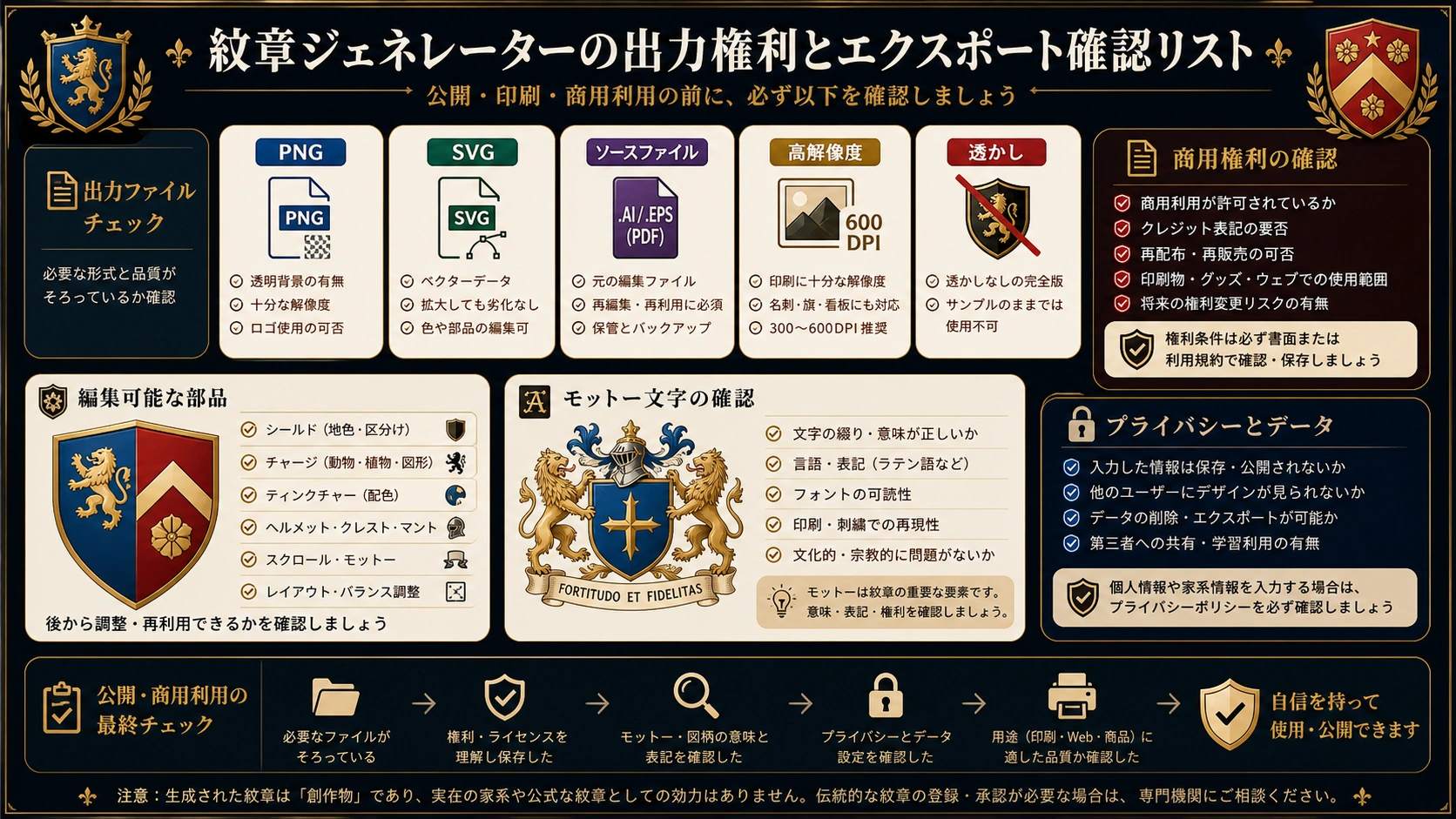 紋章メーカーの出力、透かし、商用利用、プライバシー、標語、編集可能性を確認するチェックリスト