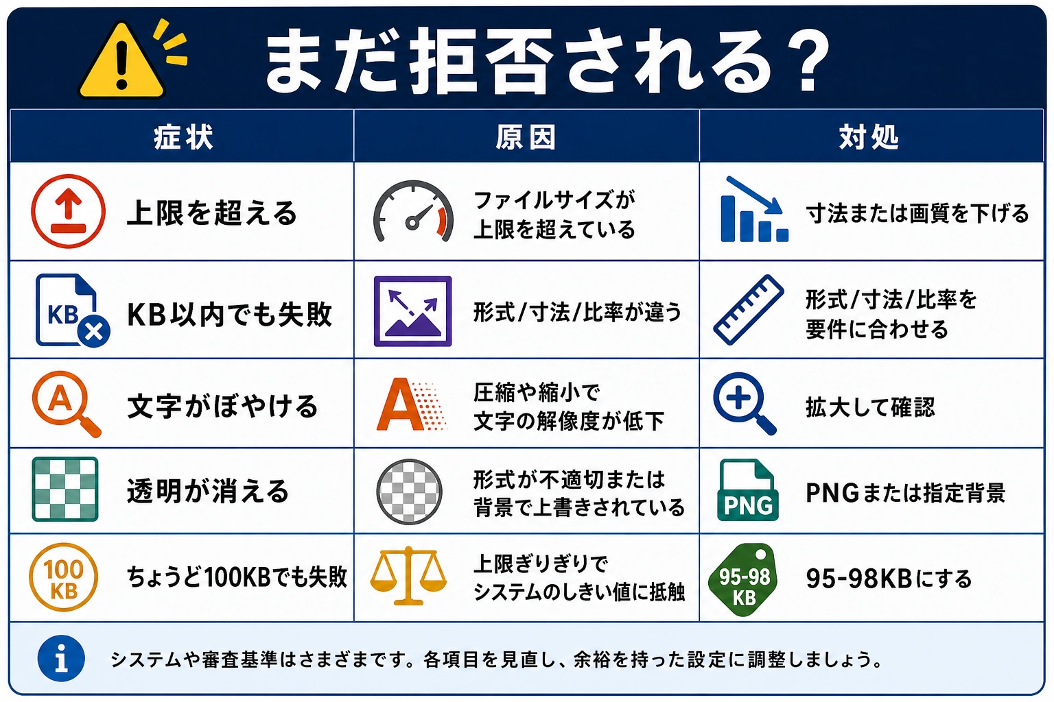 圧縮後も拒否される原因の確認表