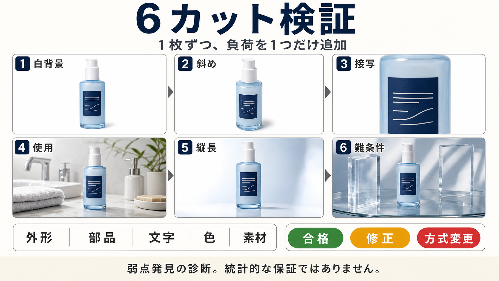 白背景から難条件まで同じSKUを検証する6カットの商品写真ストレステスト