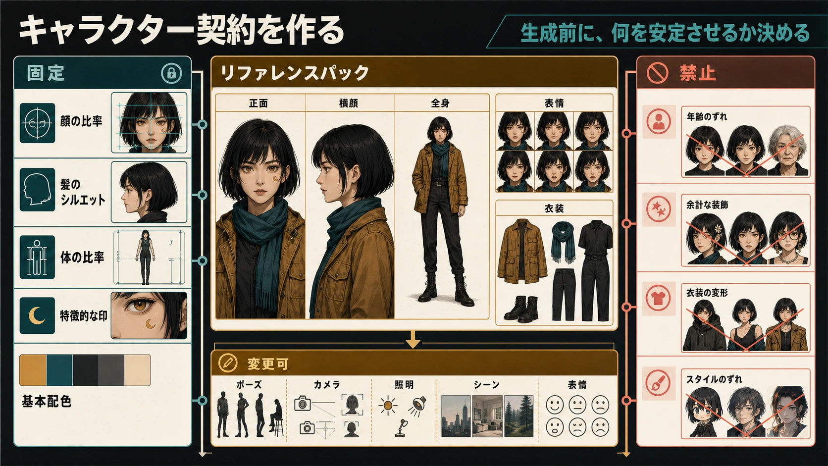 固定する特徴、変えてよい特徴、避ける崩れを整理したキャラクター仕様