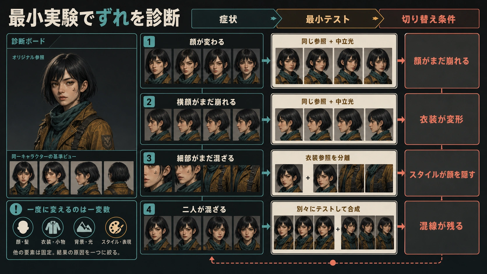症状ごとの最小試験と方式変更の条件を示すキャラクター崩れ診断