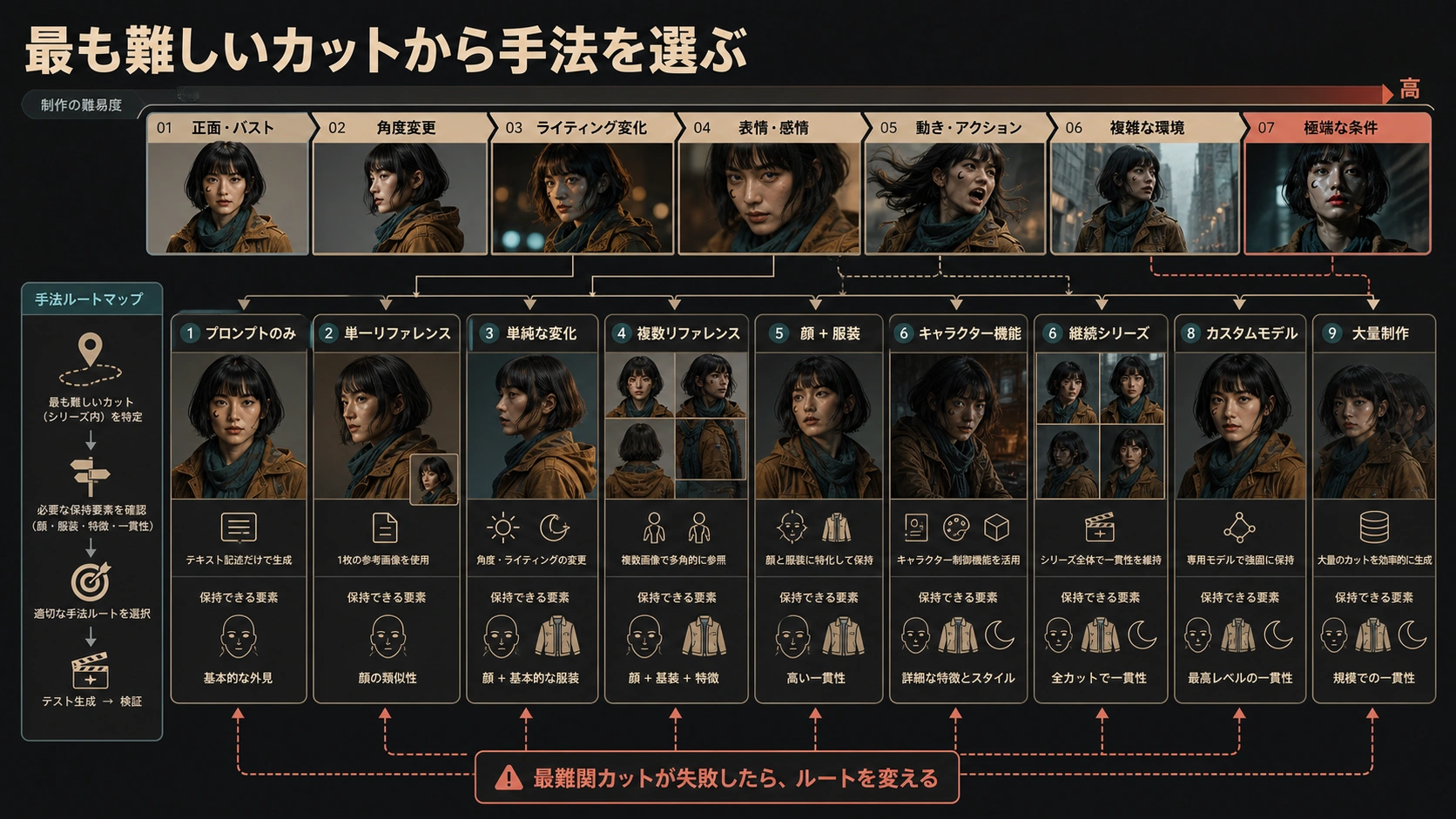難所カットと制作量からキャラクター保持方式を選ぶ図