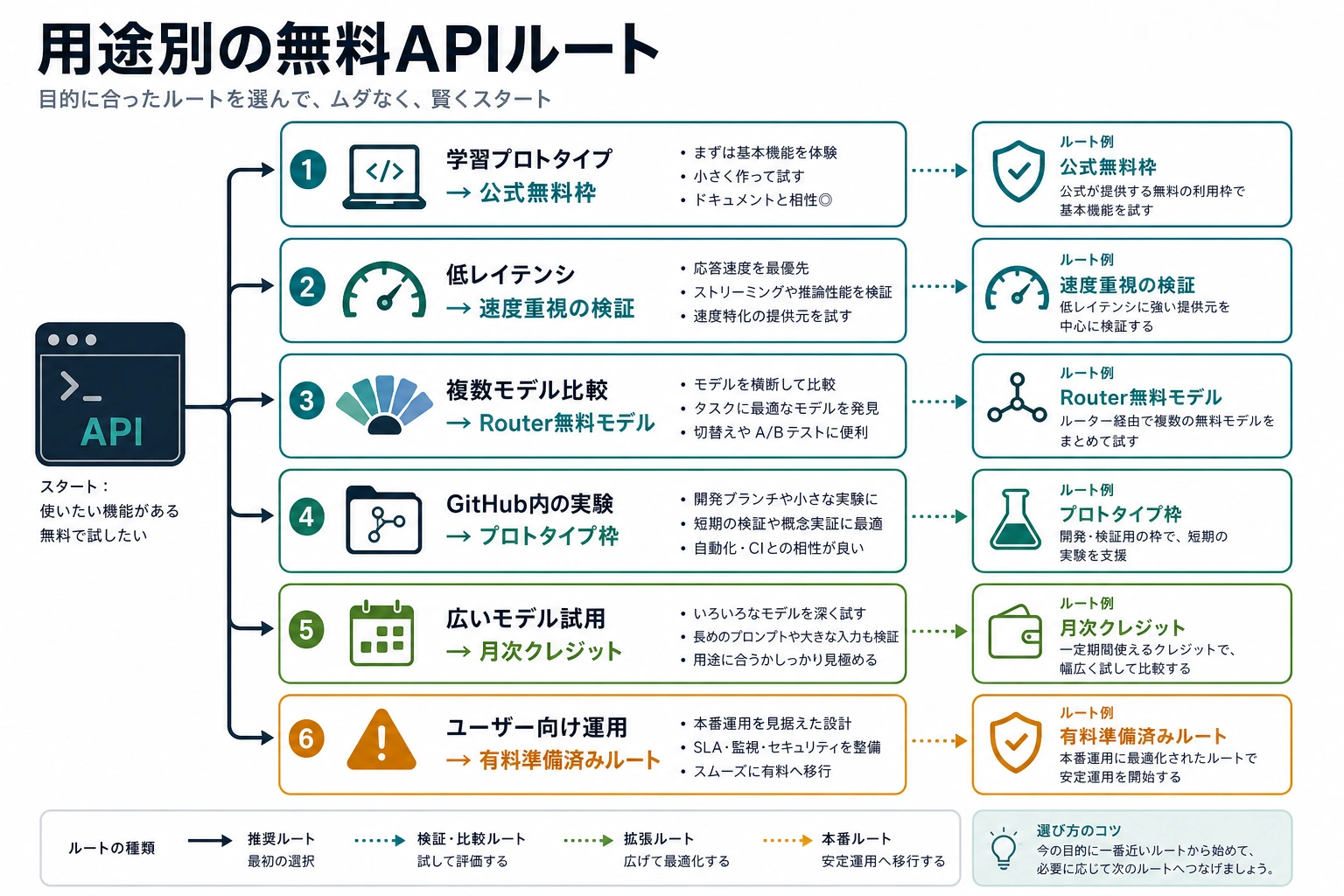用途別に無料AI APIルートを選ぶ日本語の図