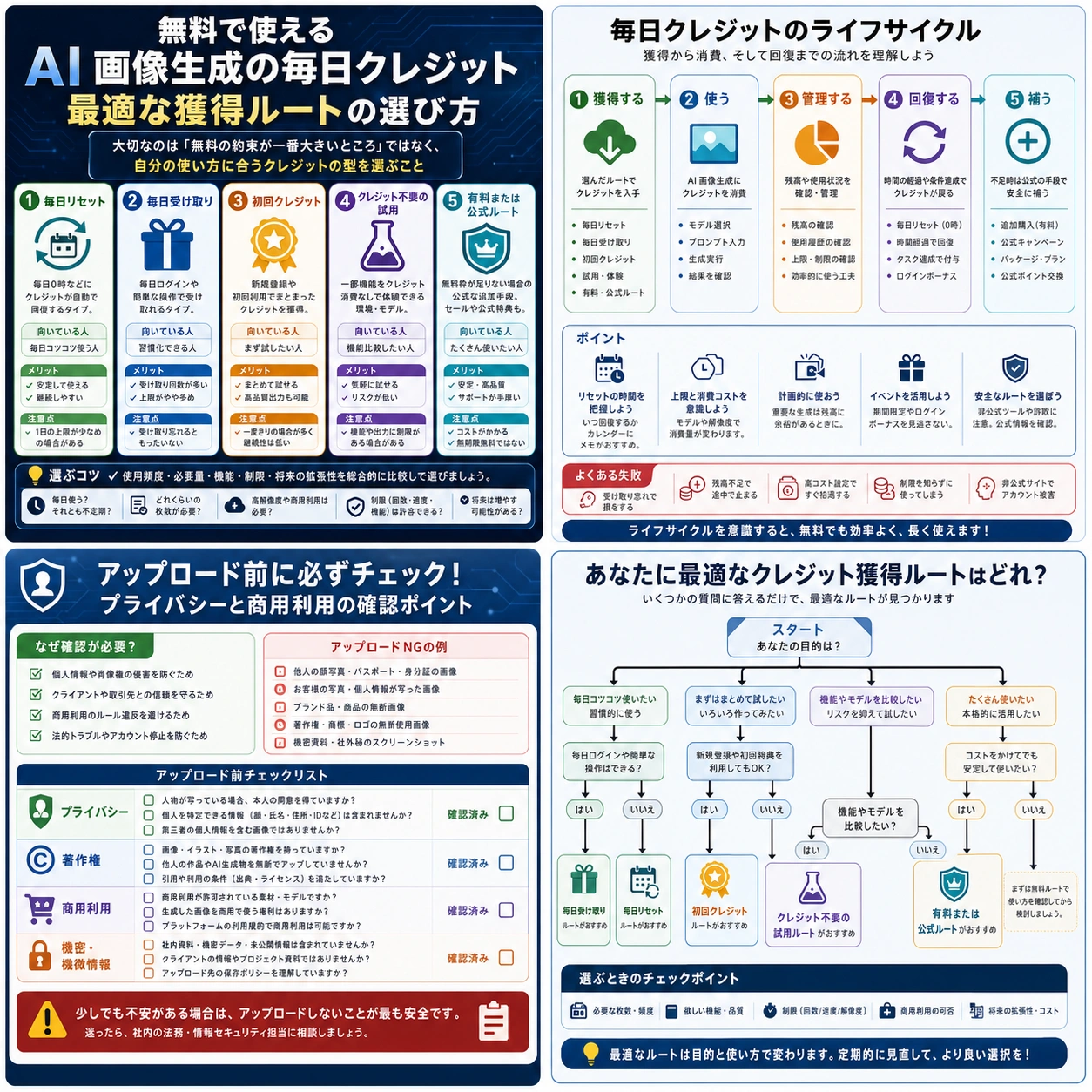 無料AI画像生成の毎日クレジットを選ぶ:枠の種類、制限、アップロード安全性