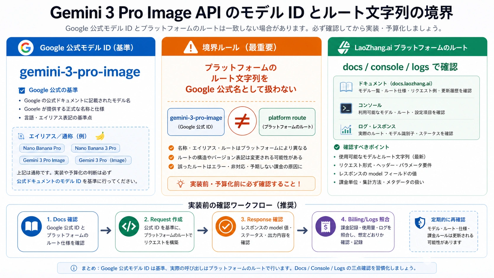 Gemini 3 Pro Image API の公式 model ID と gateway platform route の境界を示す図