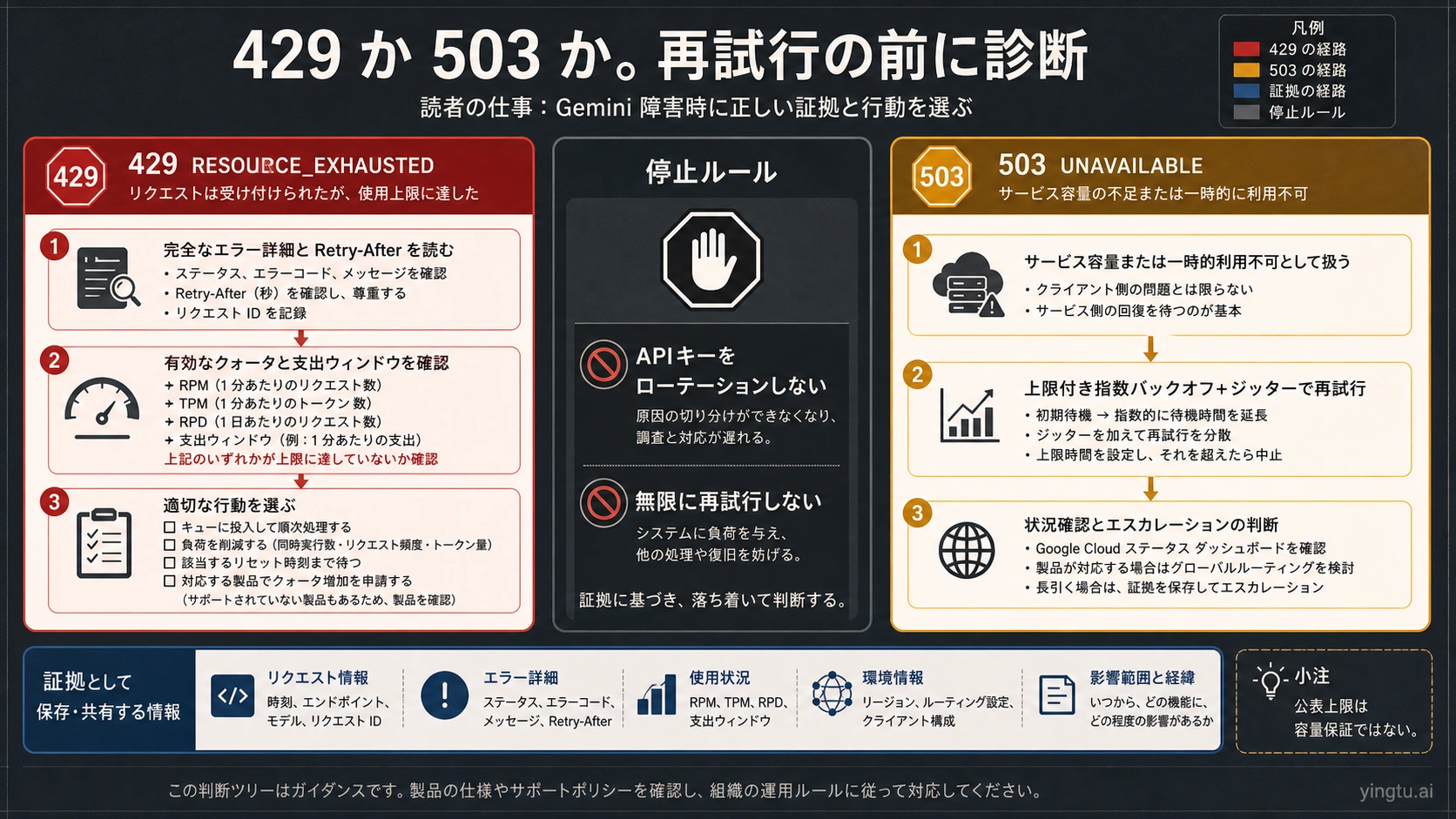 Gemini APIの429と503で証拠、対応、停止条件を分ける図