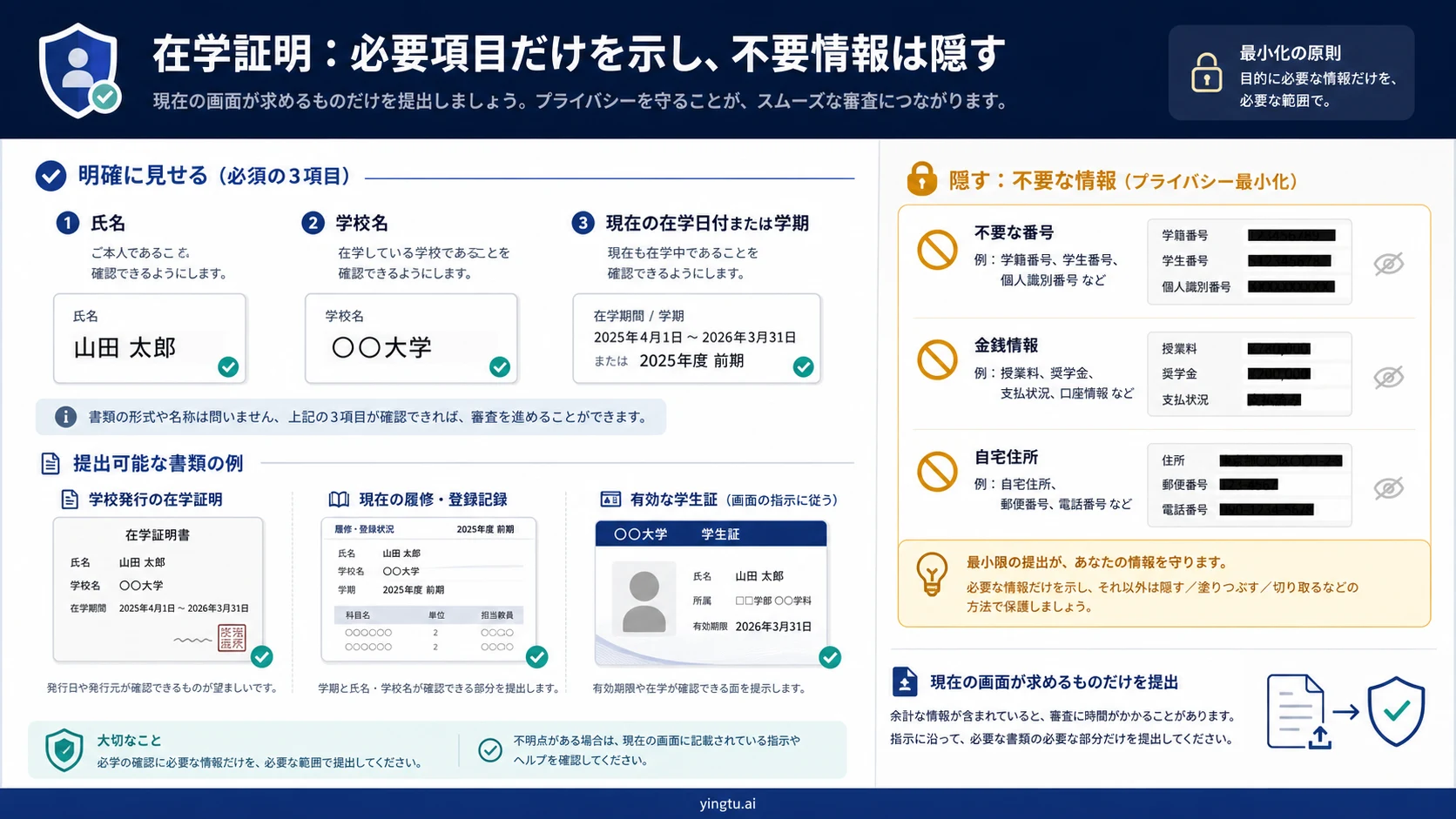 在学証明の必要項目とプライバシー最小化