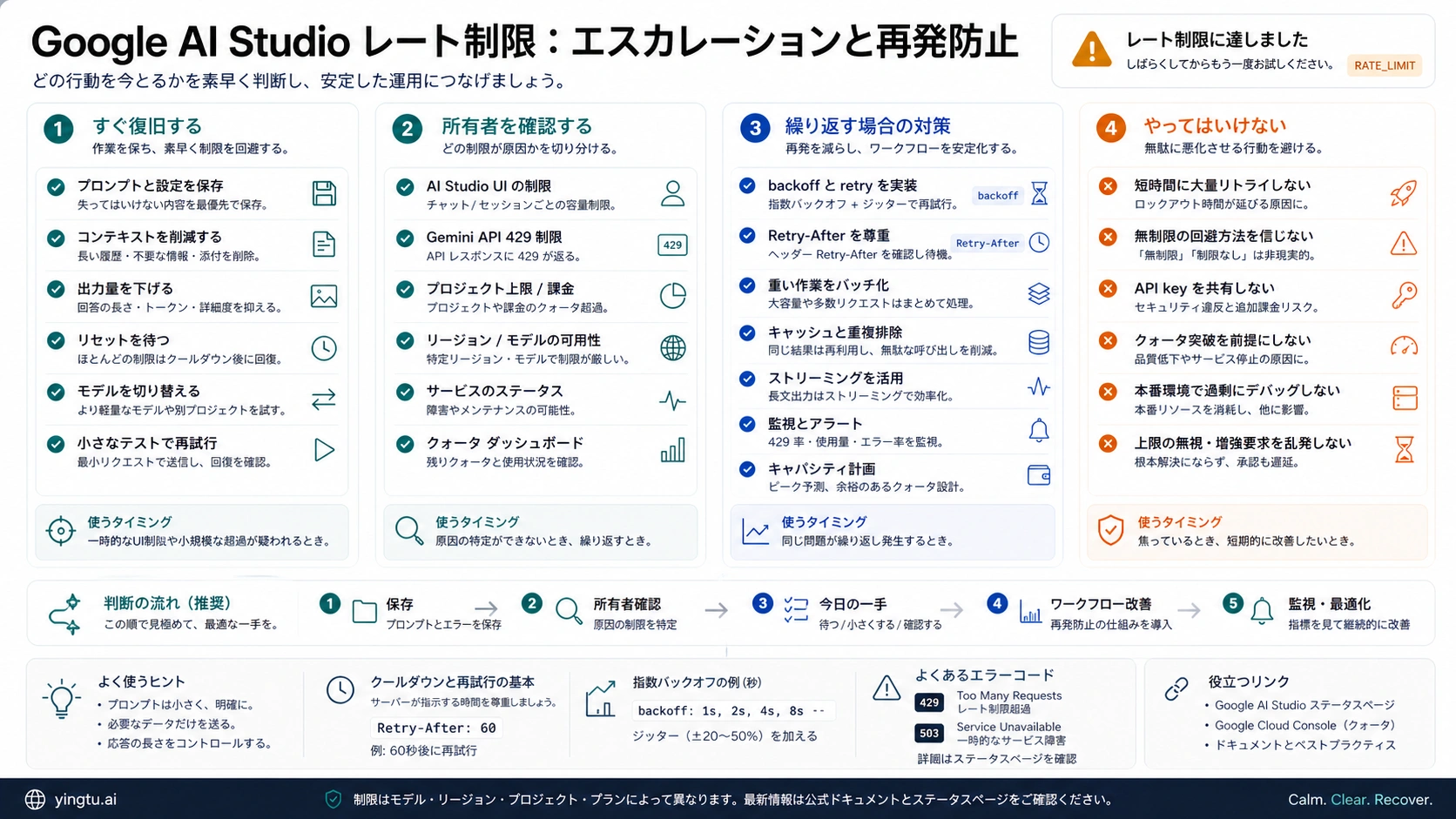 Google AI Studioのレート制限に備えるエスカレーションチェックリスト
