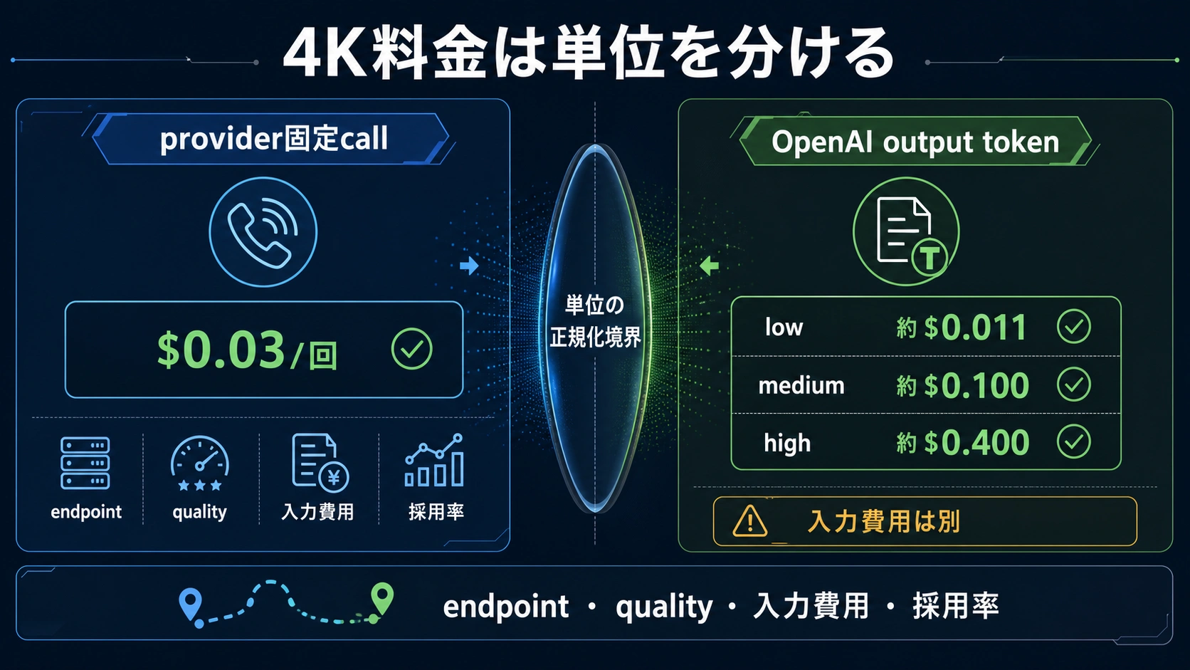 LaoZhangの固定callとOpenAIの品質別output token料金を分離した4K料金図