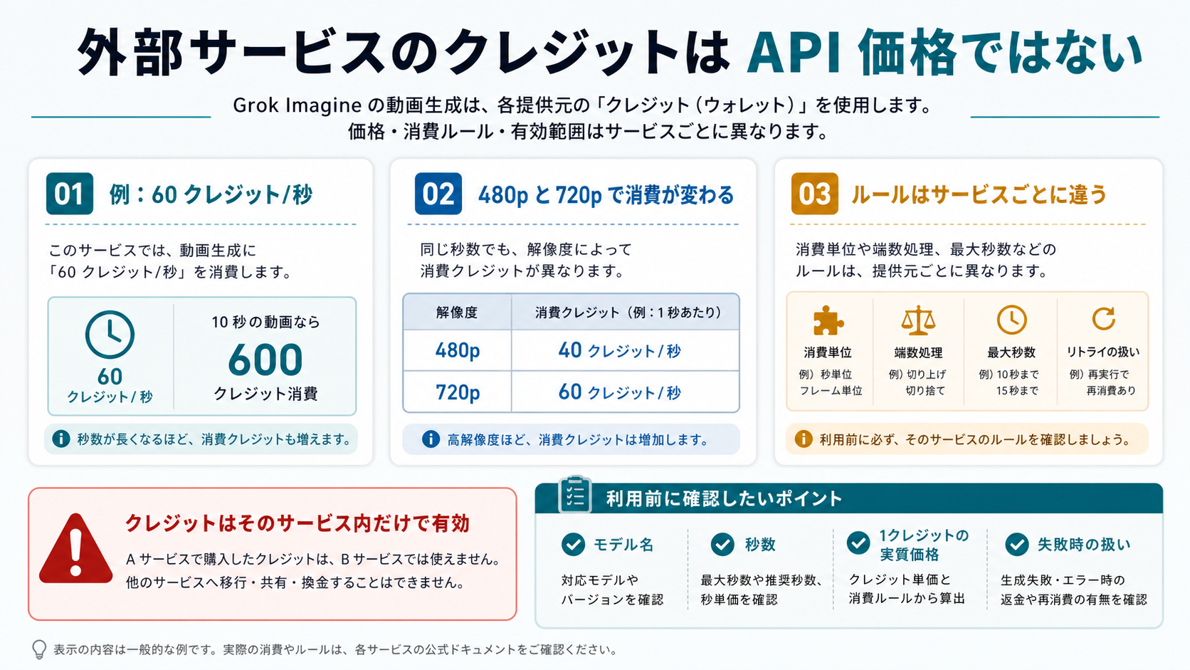 外部サービスのクレジット財布を比較し、Grok Imagine動画のクレジットがサービス内だけで使えることを示す図