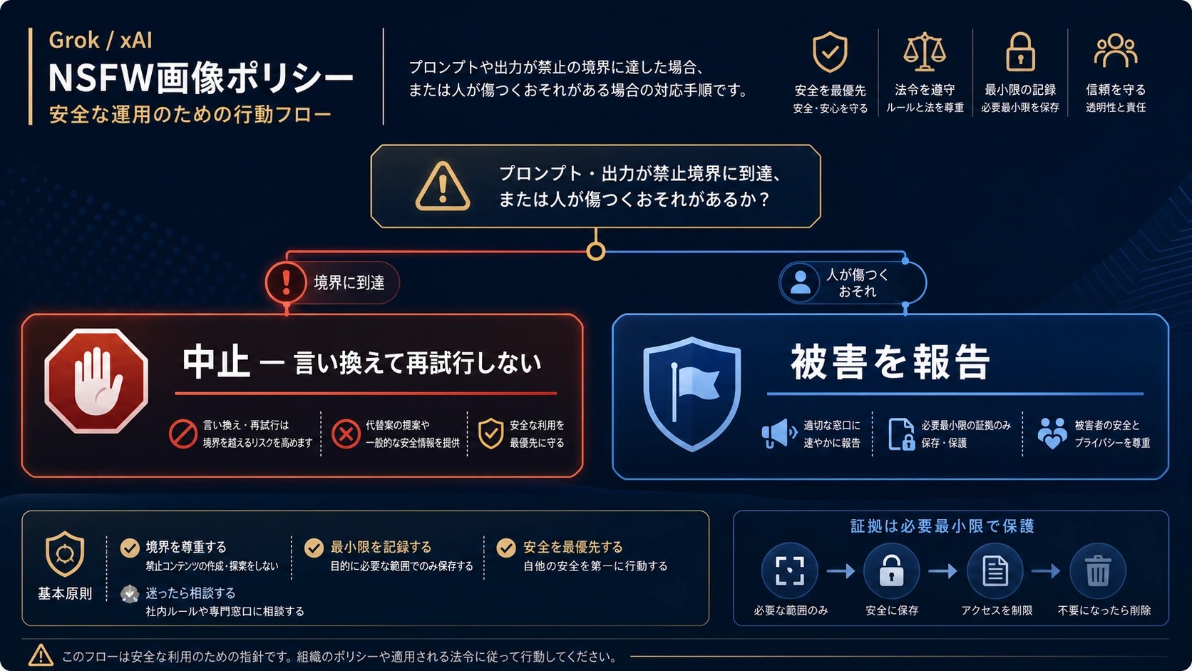 禁止依頼の中止と有害画像の通報を分ける手順図