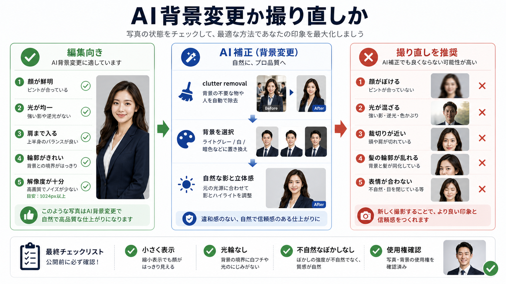 AI背景変更か撮り直しかを判断するワークフロー図