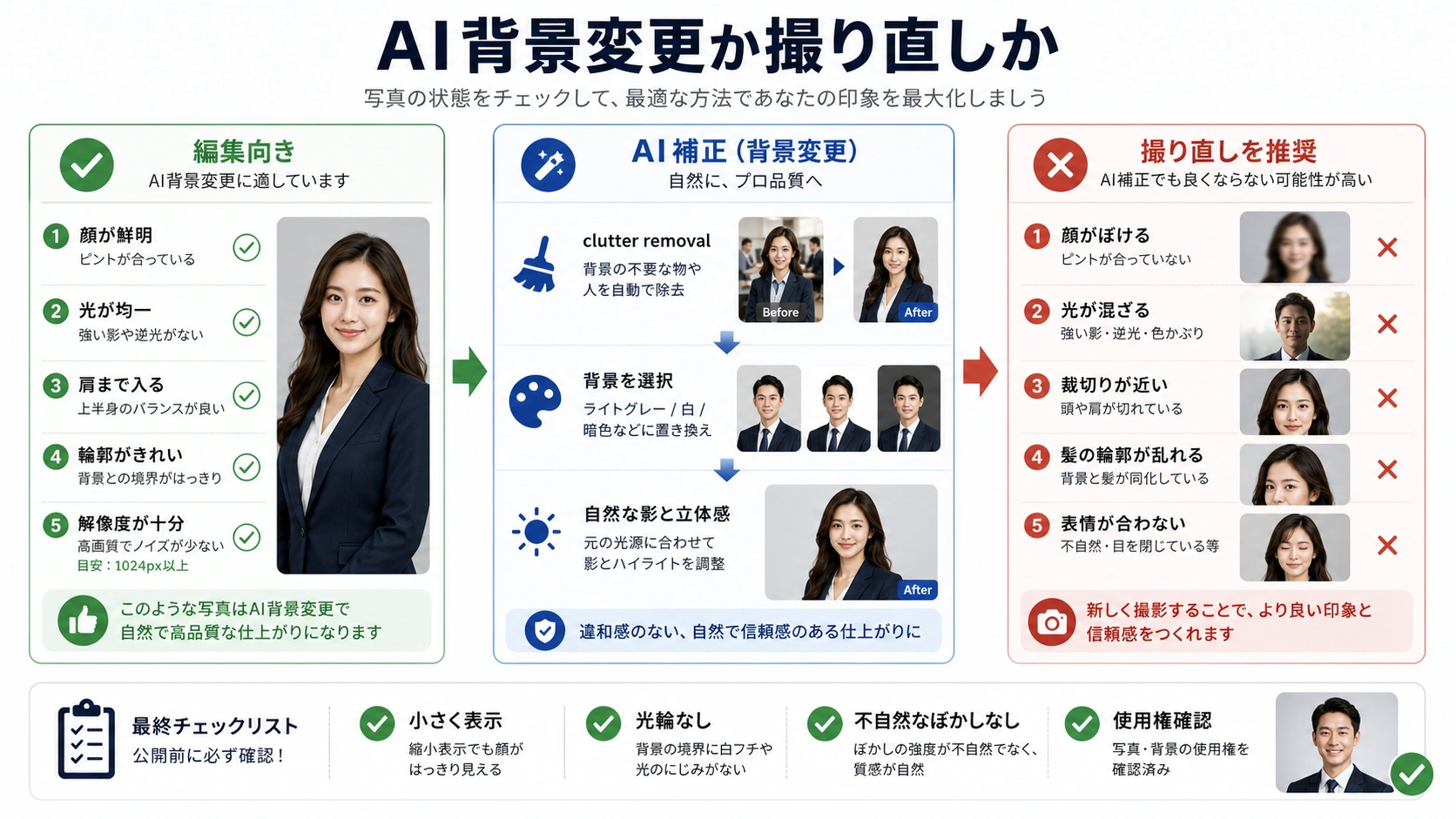 AI背景変更か撮り直しかを判断するワークフロー図