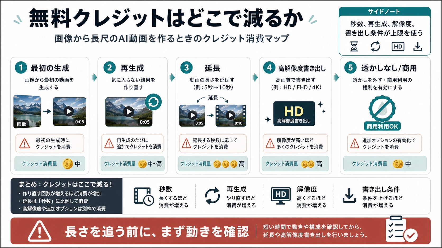 画像から動画の無料クレジットが、初回生成、再生成、延長、高解像度書き出し、透かしなしや商用条件で減ることを示す日本語の説明図