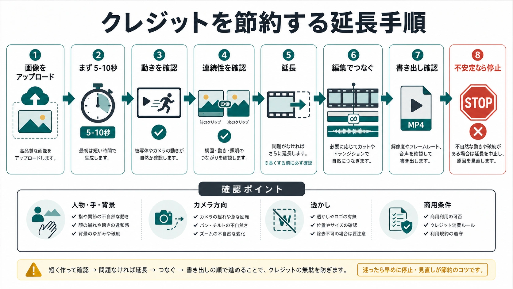 画像をアップロードし、まず短い動画を作り、動きと連続性を確認してから延長・編集・書き出しへ進む日本語のワークフロー図