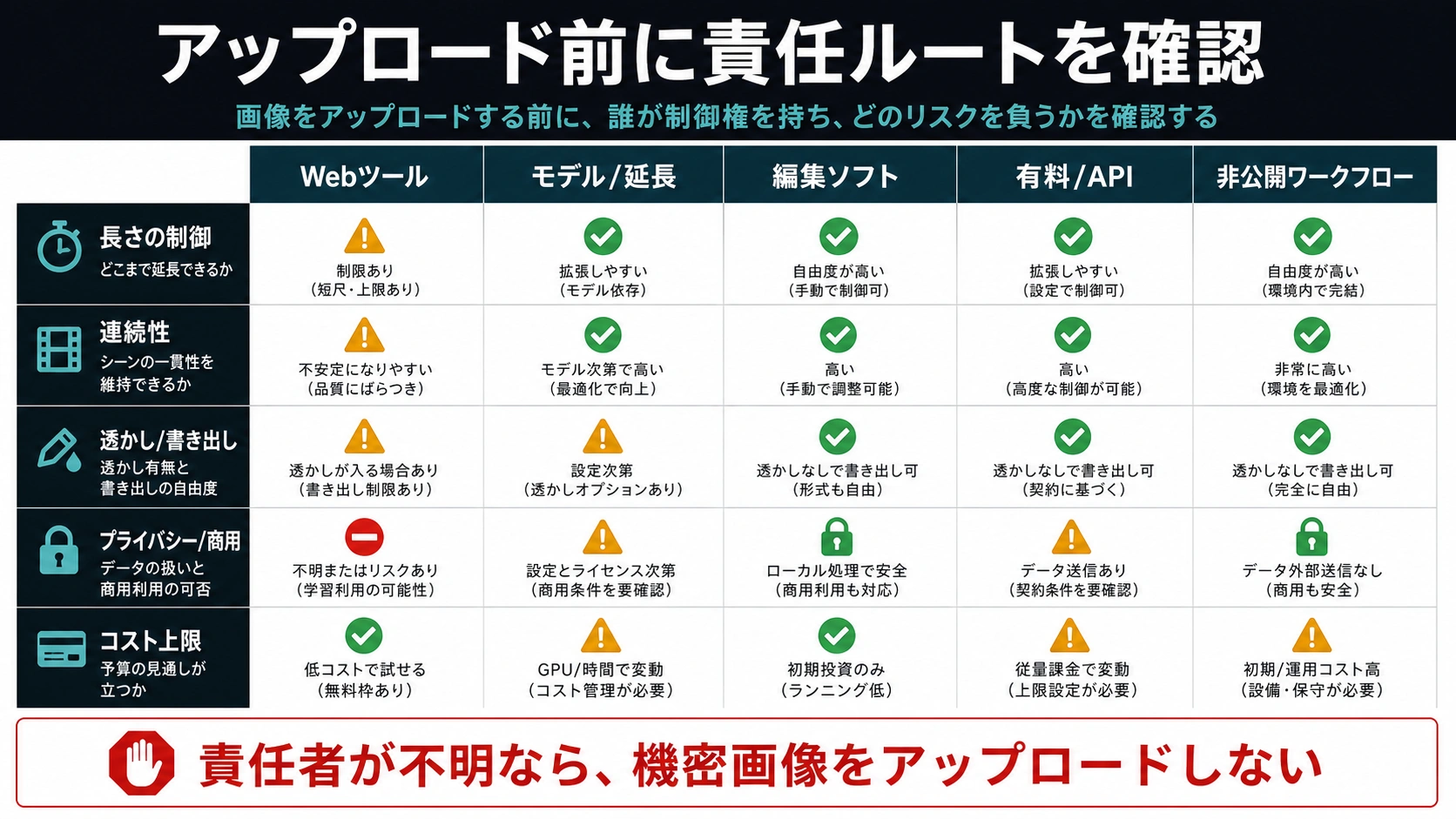 Webツール、モデル延長、編集ソフト、有料API、非公開ワークフローを比較し、長さ、連続性、透かし、プライバシー、コスト上限を確認する日本語の責任ルート表