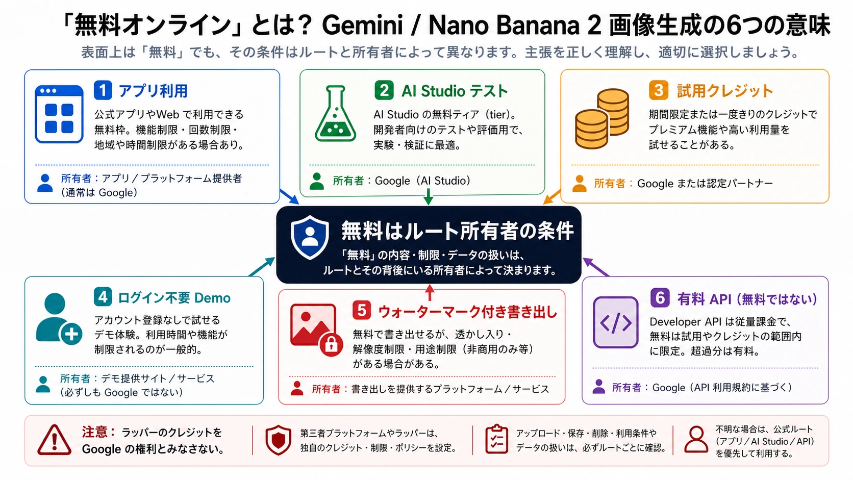 アプリ利用、AI Studio、試用クレジット、公開デモ、透かし出力、有料 API を分ける無料表現の解読図