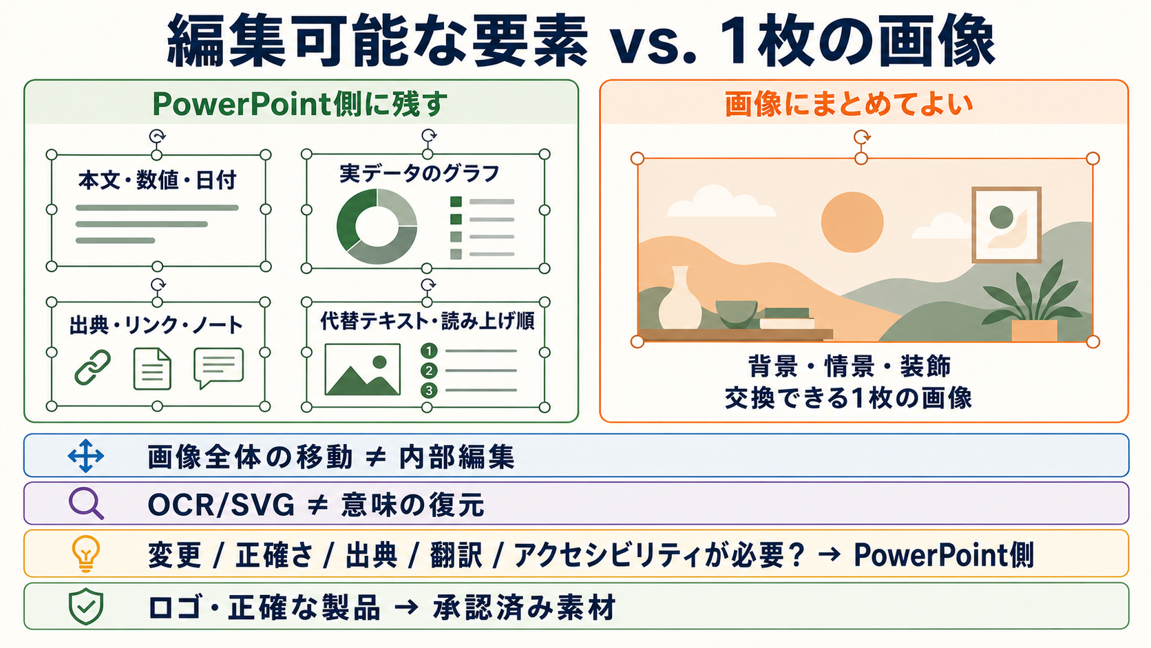 ネイティブな文字・データ・出典と、画像に統合してよい装飾を分ける図