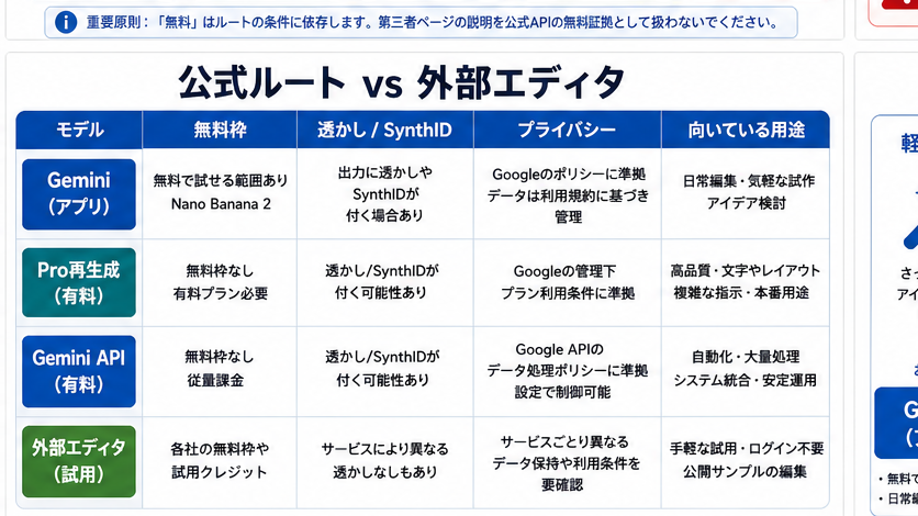 Nano Banana Pro の公式ルートと外部エディタの違いを、モデル、無料枠、透かし、プライバシー、用途で比較した表