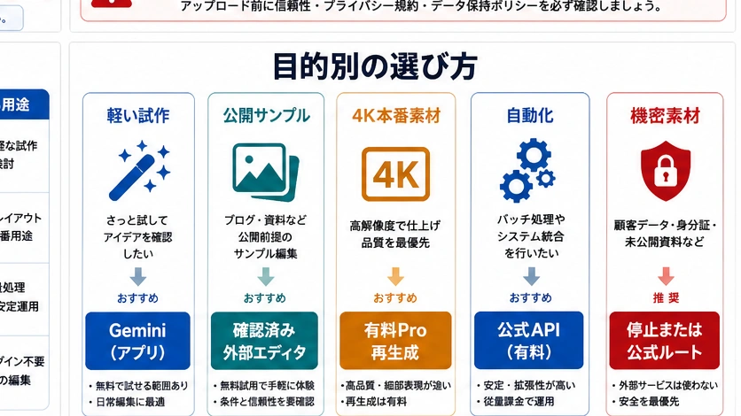 軽い試作、公開サンプル、4K本番素材、自動化、機密素材ごとに推奨ルートを分けた図