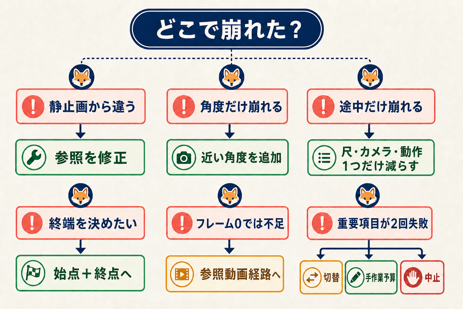 同じキャラクターを保つための修正・経路切替・中止の最小判断ツリー