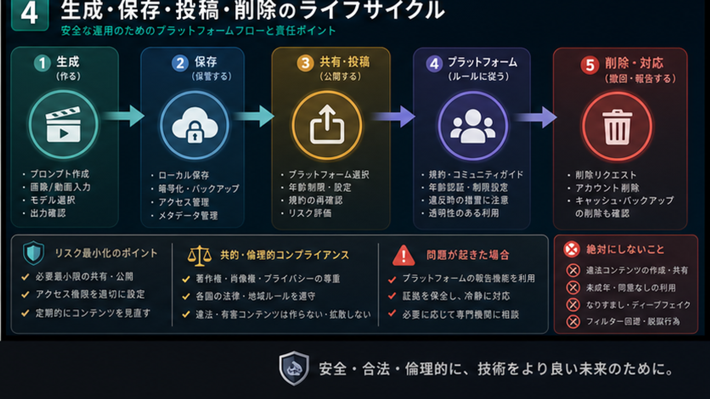 成人向けAI動画のライフサイクル。生成、保存、共有、公開規約、削除、通報を順に示す