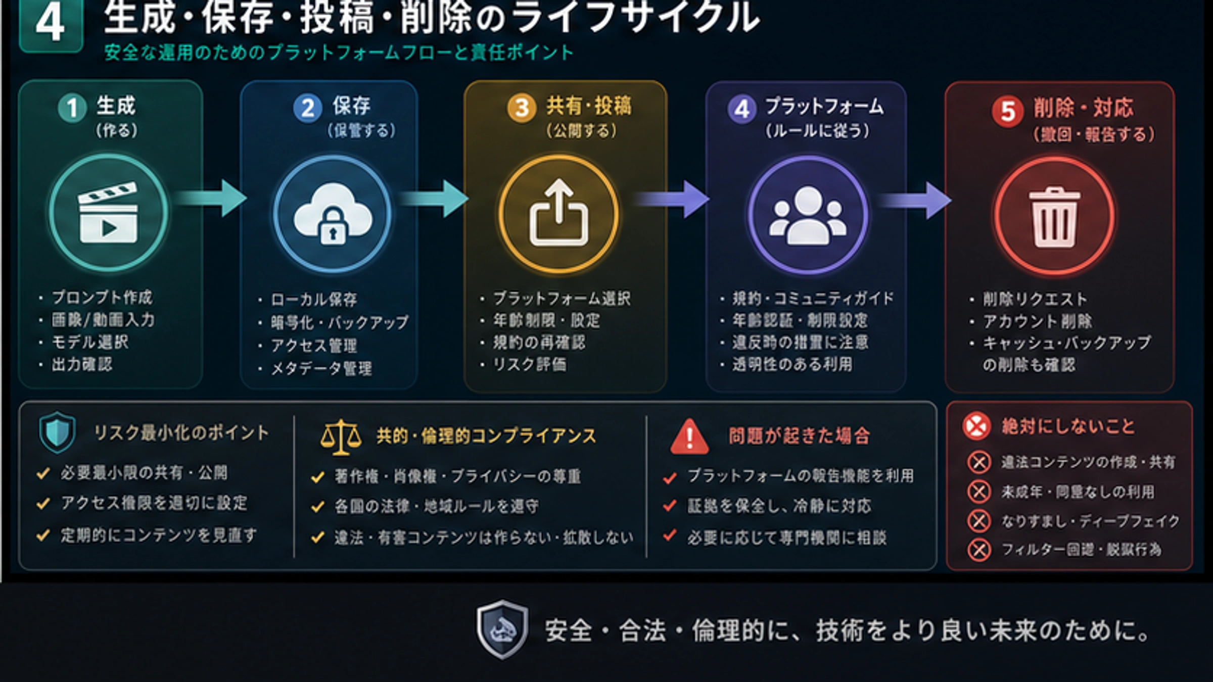 成人向けAI動画のライフサイクル。生成、保存、共有、公開規約、削除、通報を順に示す