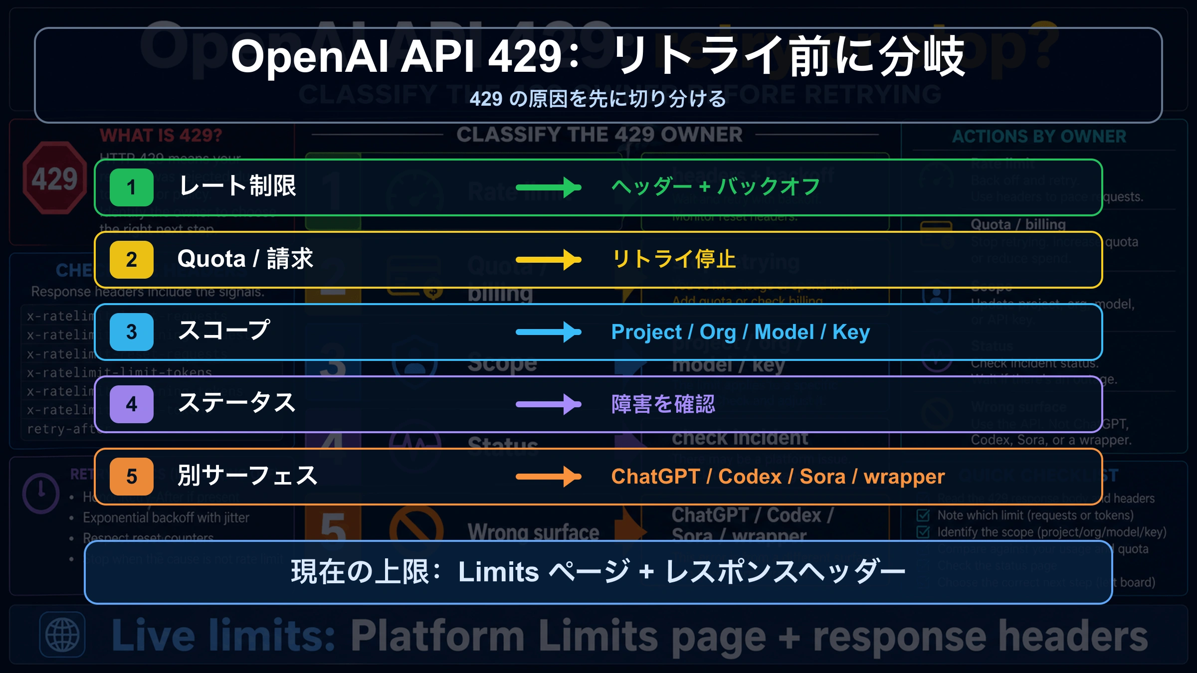 OpenAI APIのquota exceededと429:リトライ、課金確認、エスカレーションの分岐