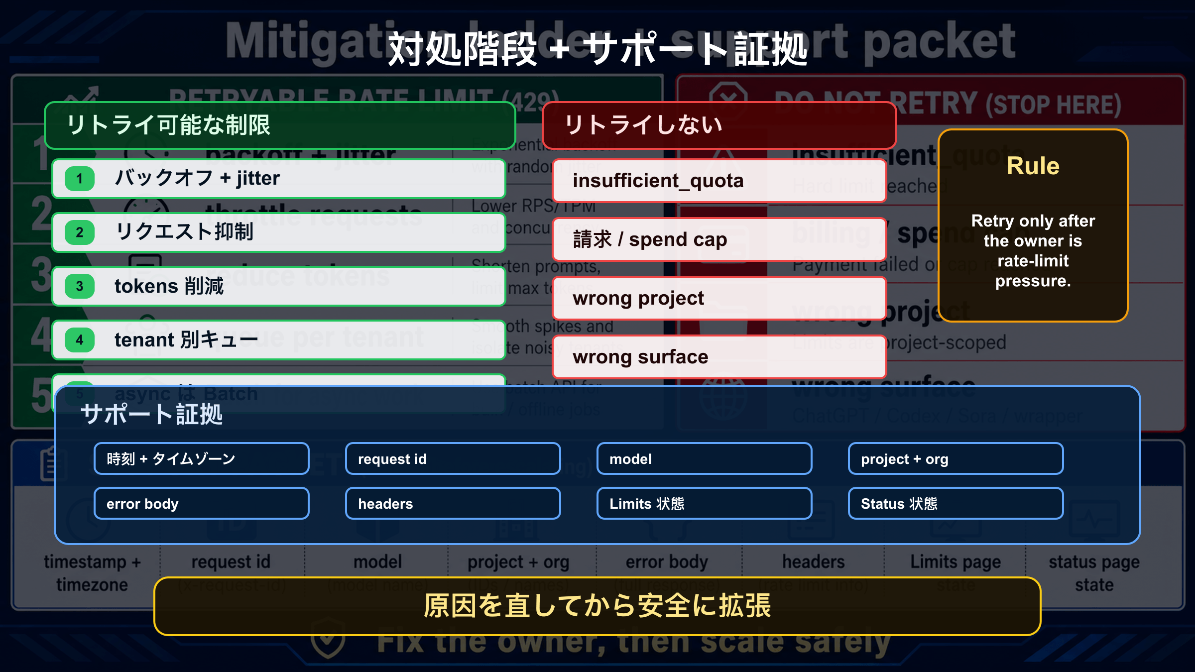 OpenAI API 429のmitigationとsupport packet