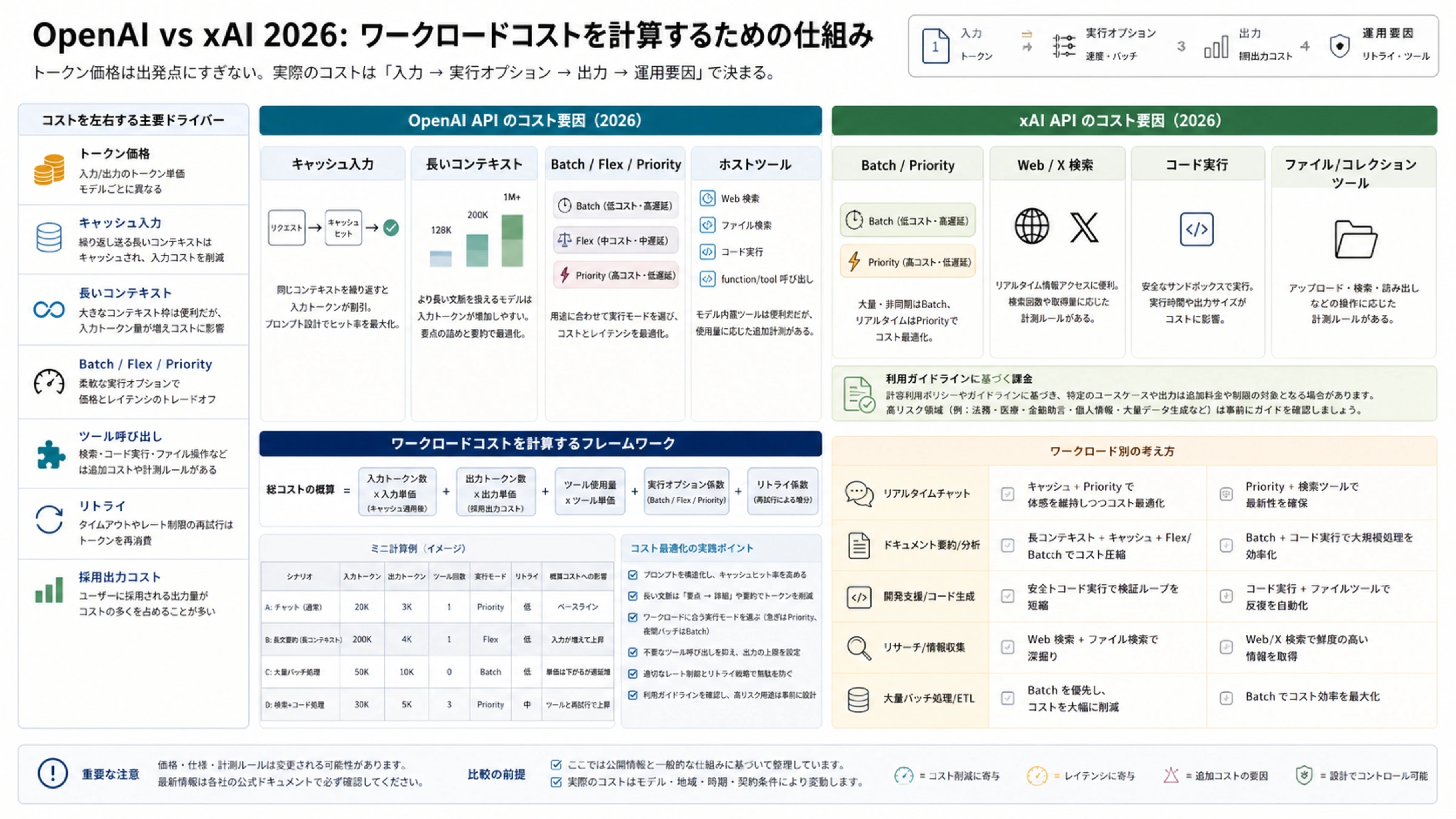 OpenAI と xAI の総 API コスト構造。トークン、ツール、サービス階層、再試行、採用出力コストを示す