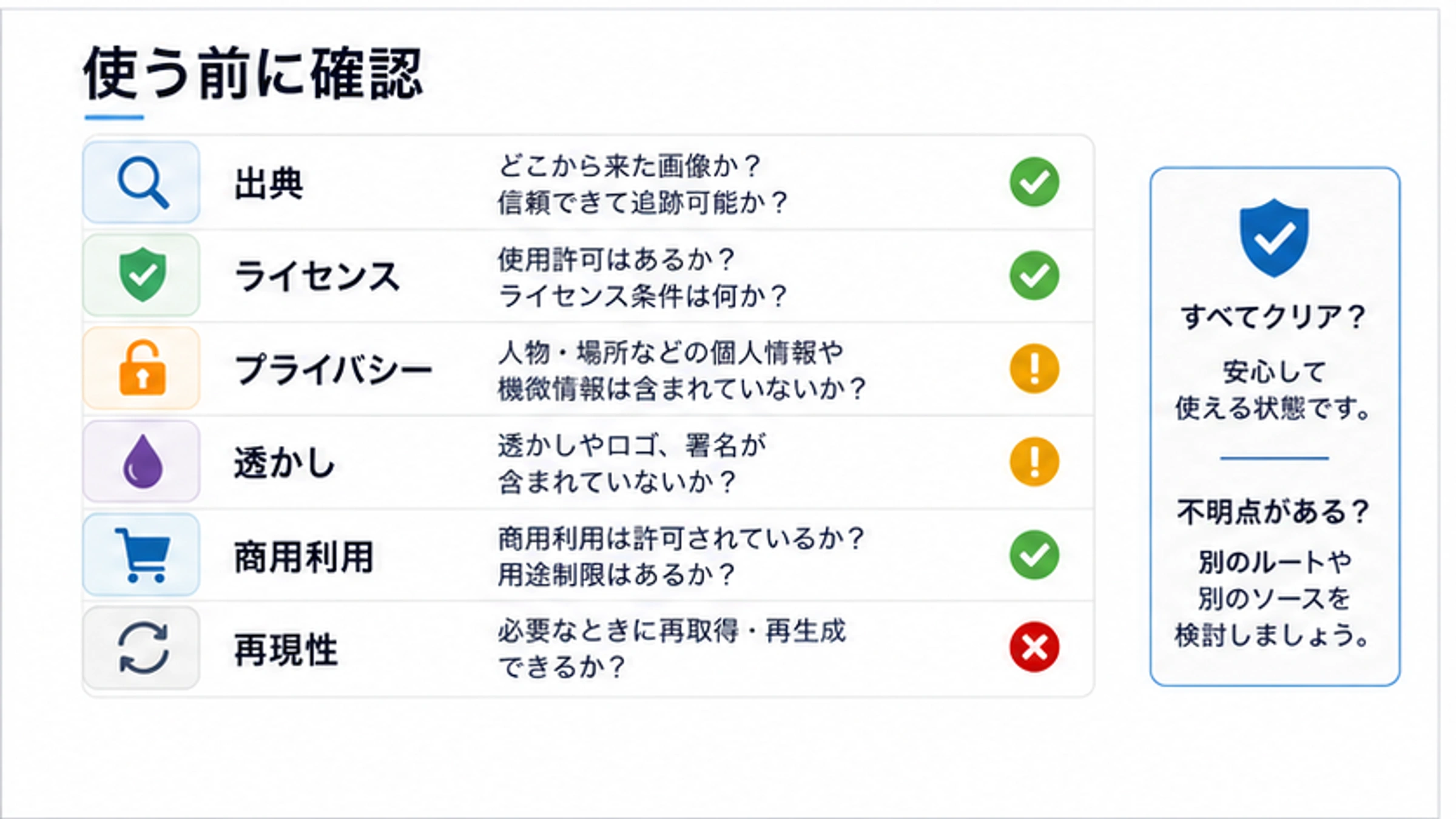 出典、ライセンス、プライバシー、透かし、商用利用、再現性を確認するチェックリスト