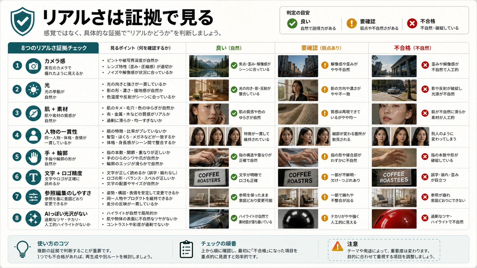 AI画像のリアルさを確認する証拠マトリクス。カメラ感、光、肌、素材、人物一貫性、文字精度、AI感を確認