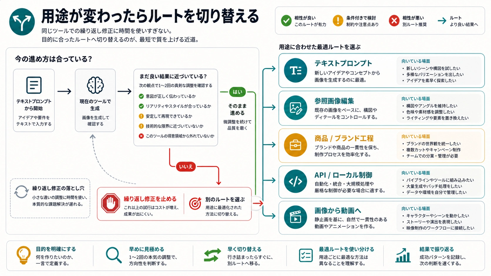 テキスト生成から参照編集、商品工程、API制御、動画連携へ切り替えるタイミングを示すワークフロー