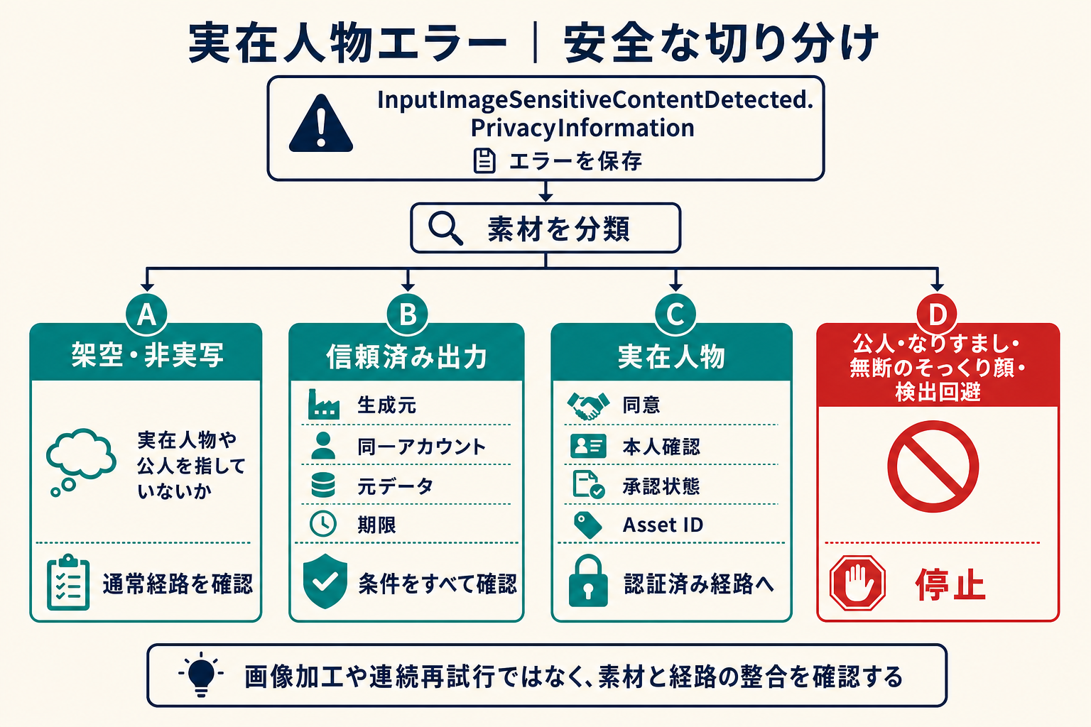 実在人物の可能性を示すエラーから、直接アップロード・信頼済み出力・本人確認済みアセットへ分岐する手順