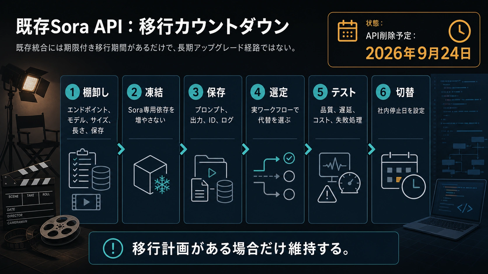 Sora API移行期限：2026年9月24日までに依存棚卸し、サンプル保存、代替検証、切り替えを完了