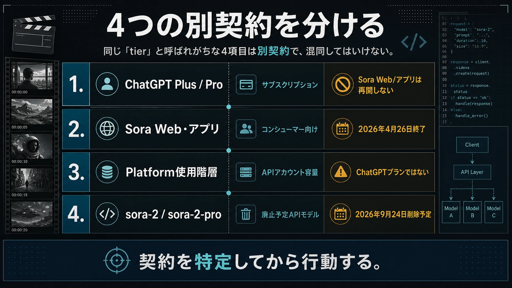 Sora 2で混同しやすい4つの仕組み：ChatGPT契約、終了した一般向け製品、API利用ティア、廃止予定モデル