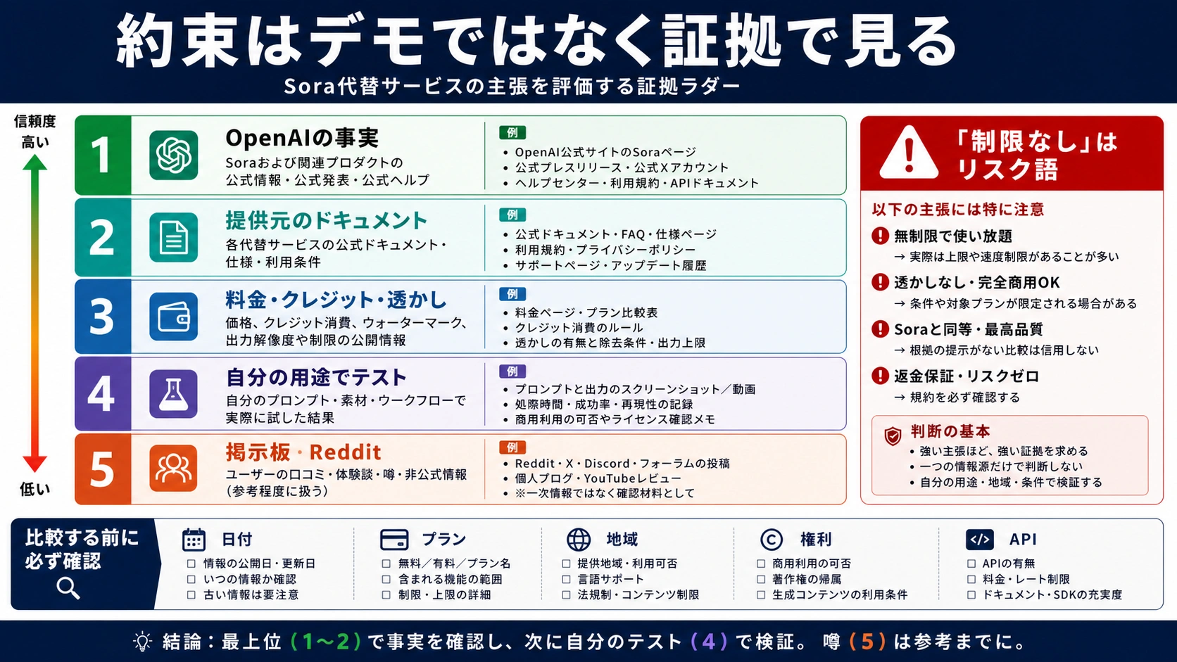 Sora代替の無料、透かし、API、権利、制限なしの約束を証拠で確認する日本語ラダー