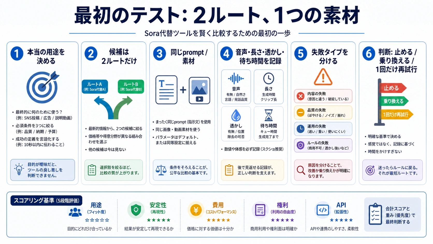 2ルート、1つの素材、失敗タイプ、止める・乗り換える・一度だけ再試行を示す日本語手順
