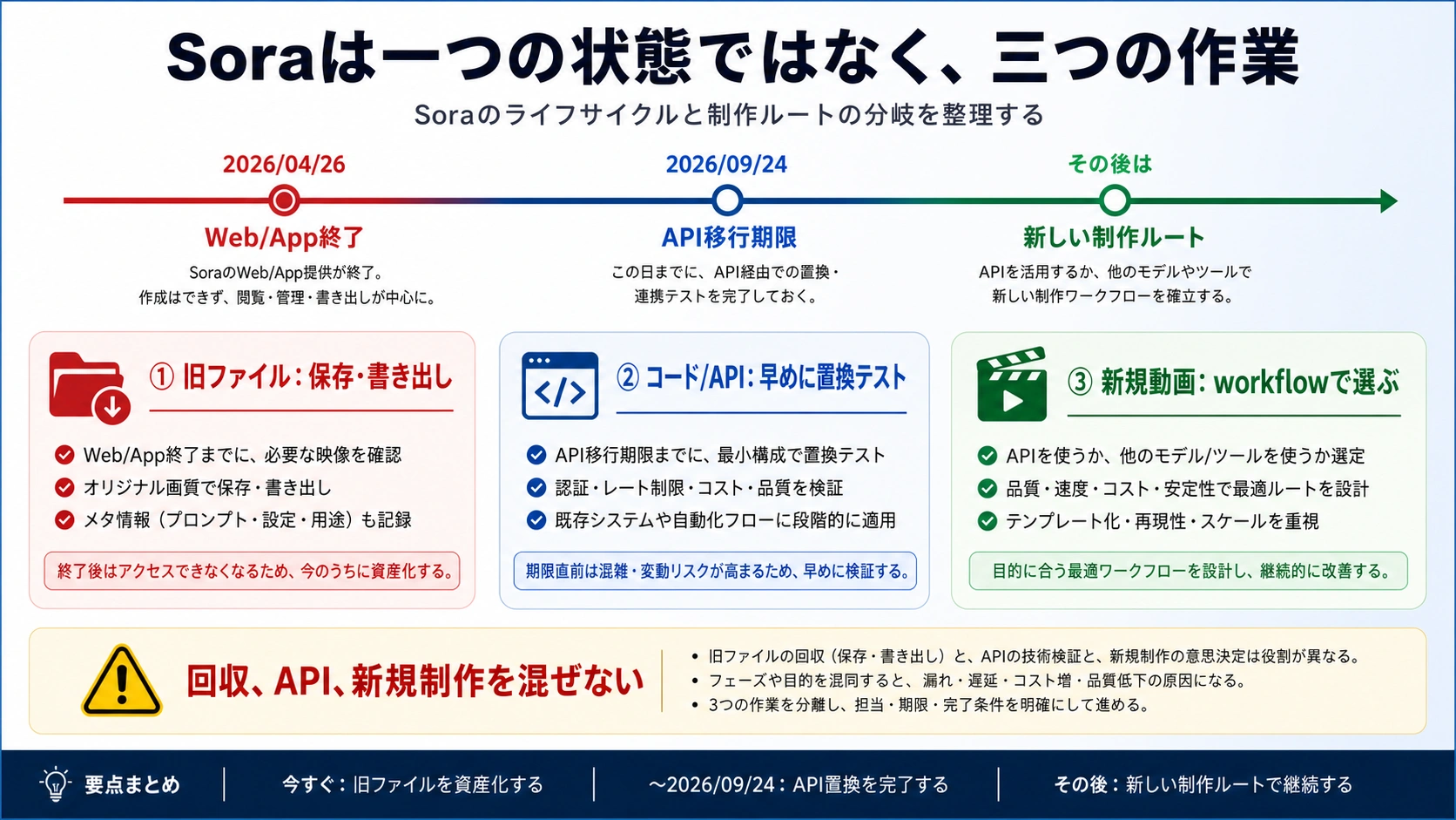 SoraのWeb/App終了日、API移行期限、保存と移行の分岐を示す日本語タイムライン