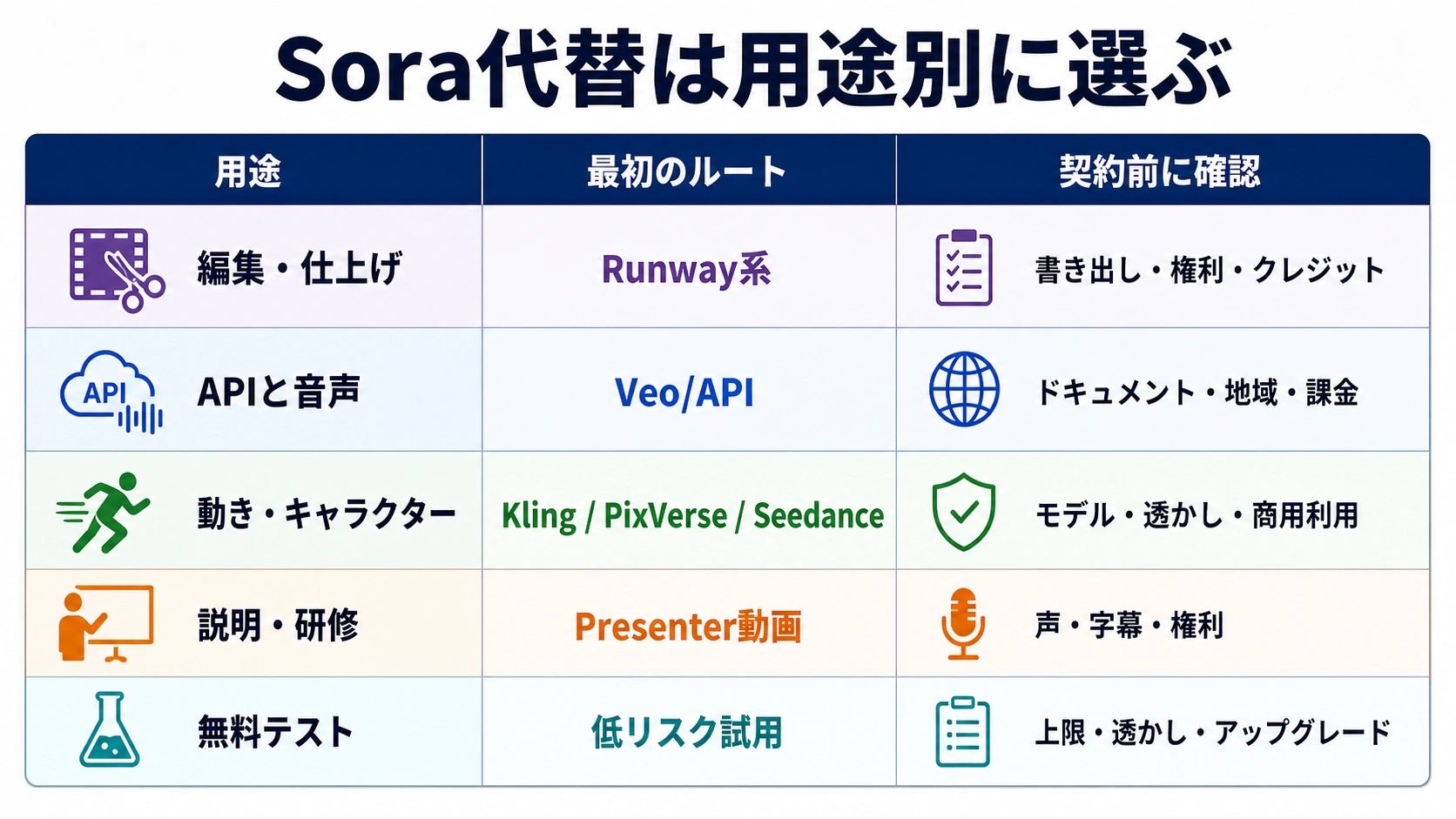 Sora代替を編集、Veo/API、動き、Presenter動画、無料テストで選ぶ日本語表