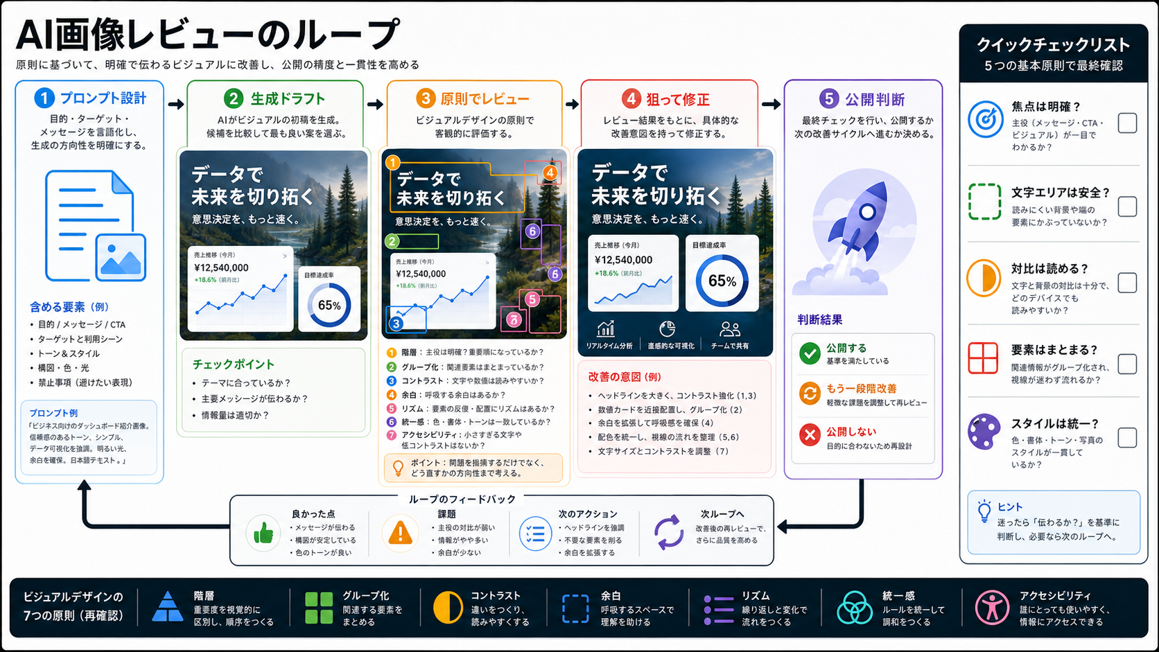 AI画像をプロンプト設計、生成ドラフト、原則レビュー、狙った修正、公開判断で見直すループ