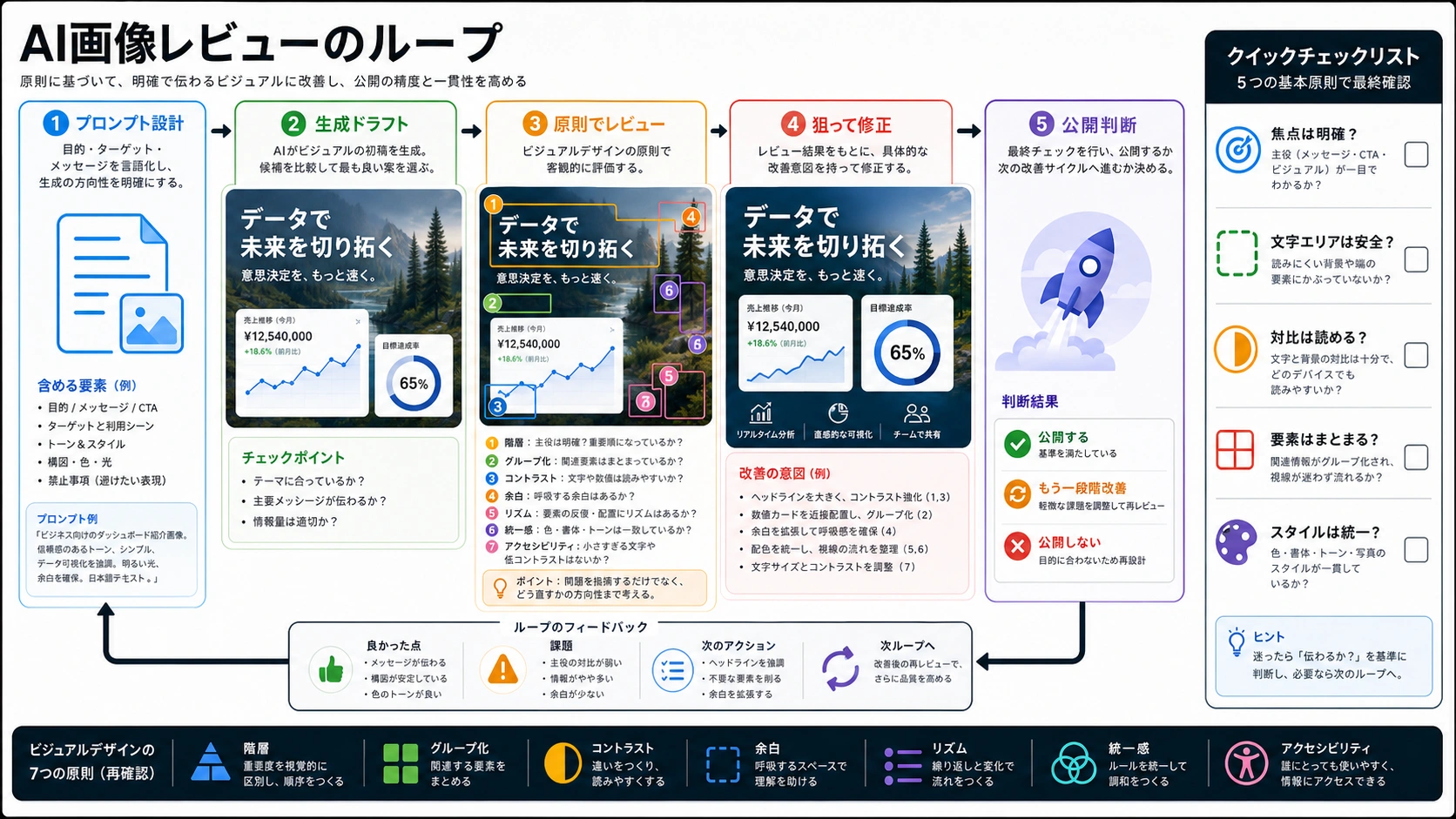 AI画像をプロンプト設計、生成ドラフト、原則レビュー、狙った修正、公開判断で見直すループ