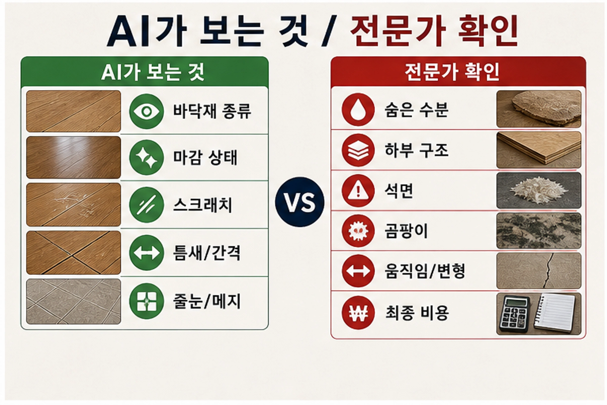 바닥 사진에서 볼 수 있는 것과 전문가 확인이 필요한 것의 경계.